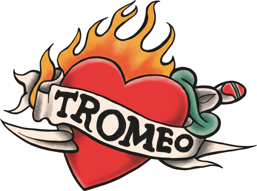 Tattoo-flash flaming heart with a TROMEO banner