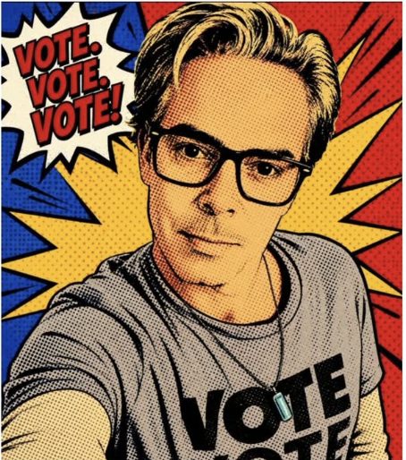 Pop-art comic portrait of Will Keenan in glasses with a VOTE VOTE VOTE burst