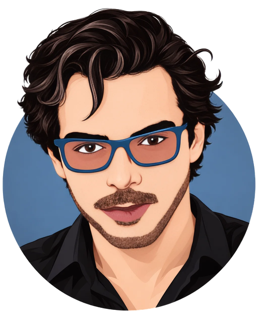 Illustrated cartoon portrait of Will Keenan in blue glasses