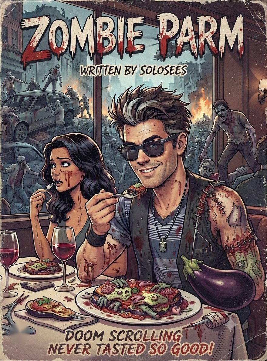 Zombie Parm poster: a grinning zombie in sunglasses eats eggplant parm in a diner while zombies swarm outside