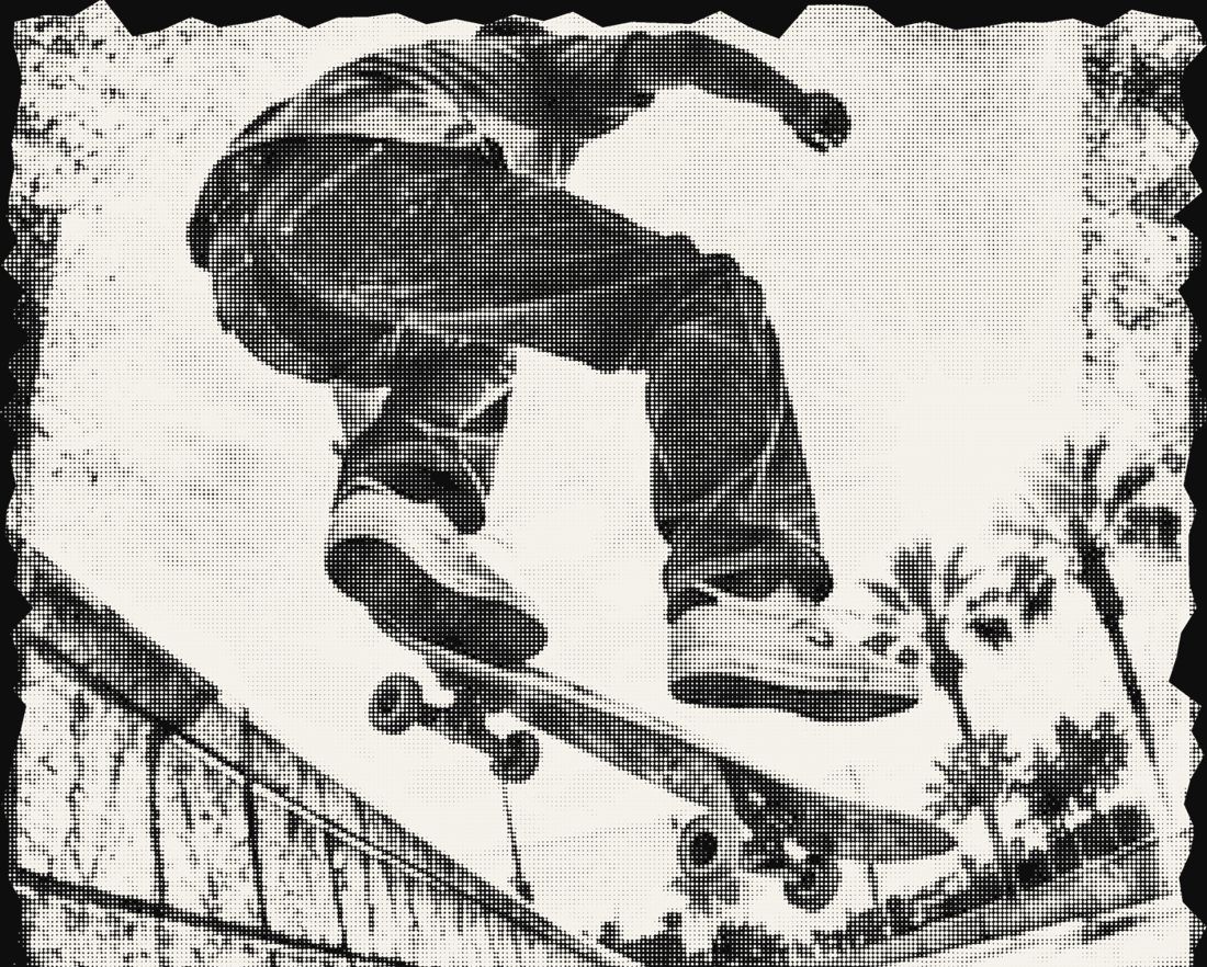 Halftone photo of a skater mid-air over a concrete ledge with palm trees behind
