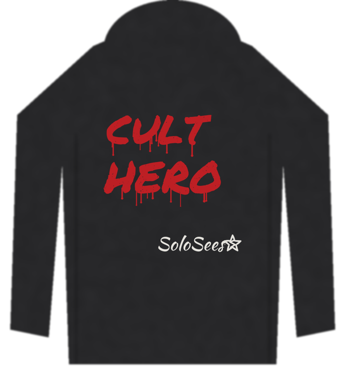 Washed black Cult Hero hoodie with the same graphic