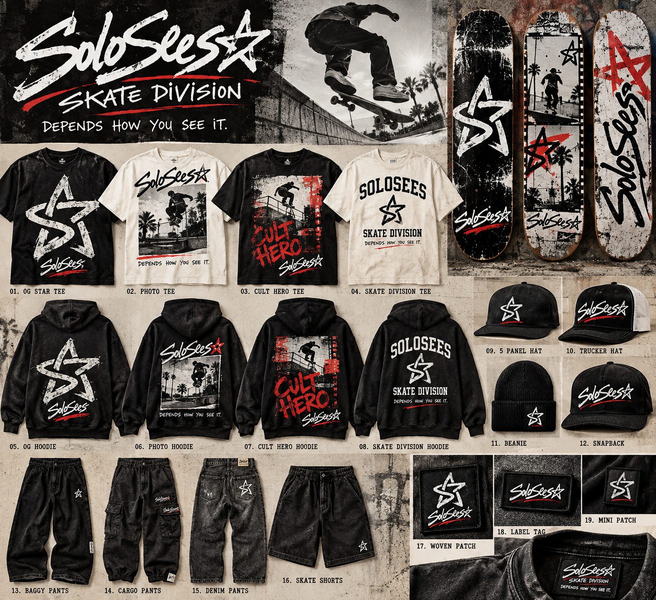 Solo Sees Skate Division lookbook showing star, photo, Cult Hero and Skate Division tees and hoodies, hats, a beanie, pants, patches and three skate decks