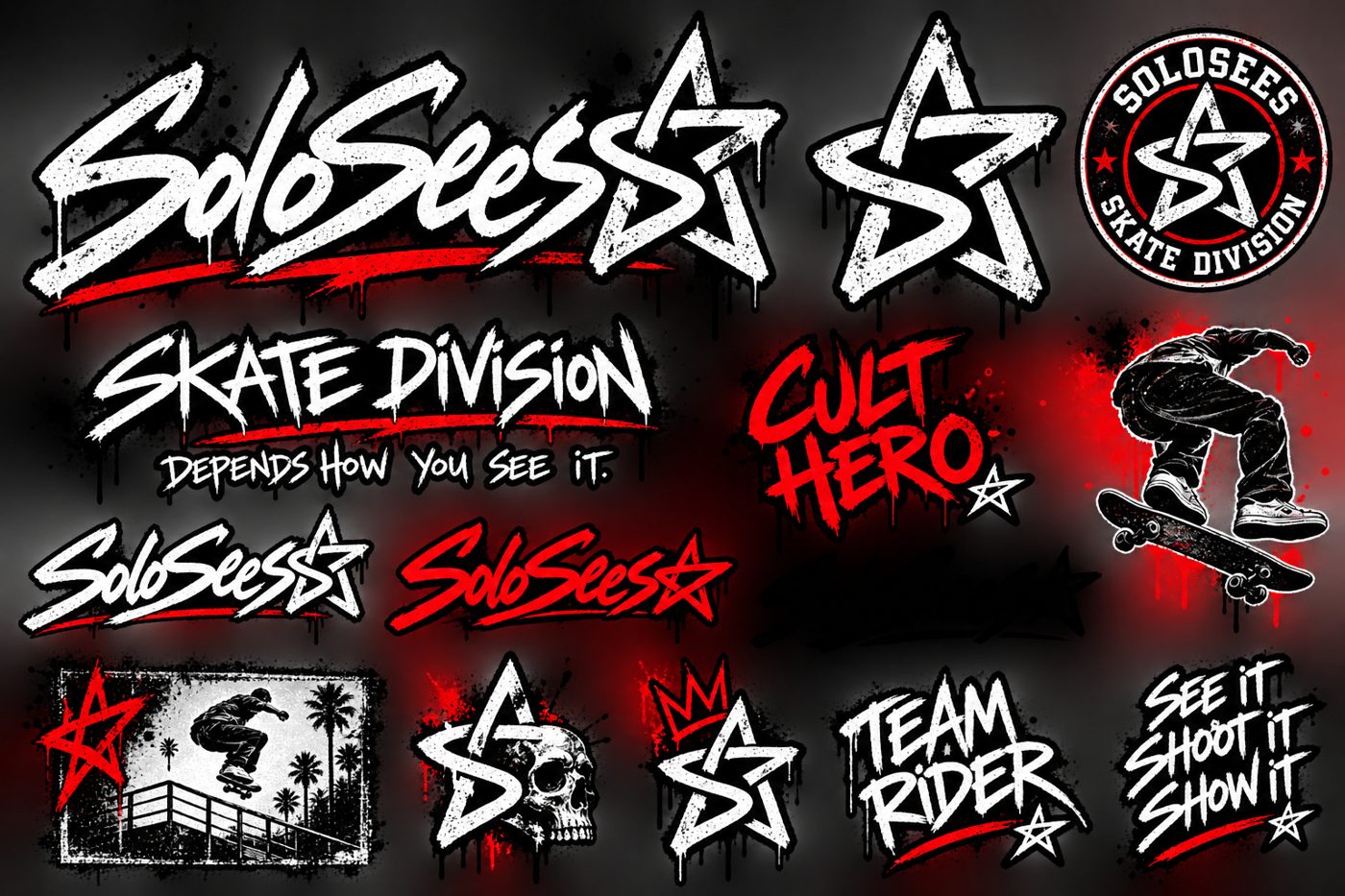 Skate Division graphics sheet: drip SoloSees script, S-star, round Skate Division crest, Cult Hero, Team Rider and See It Shoot It Show It