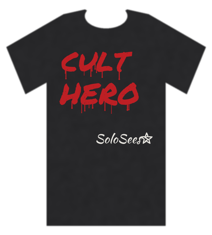 Washed black Cult Hero tee with red drip CULT HERO lettering